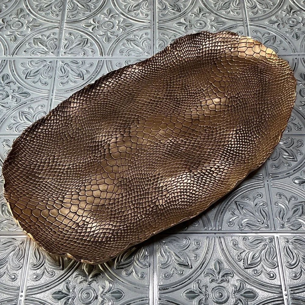 Pier 1 Gold Faux Snakeskin Embossed Metal Serving Tray Hollywood Regency Glam